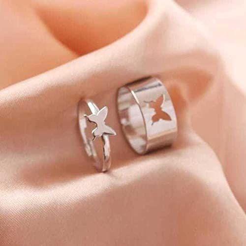 AVR JEWELS Combo of 2 Stylish Silver Plated Butterfly Couple Rings